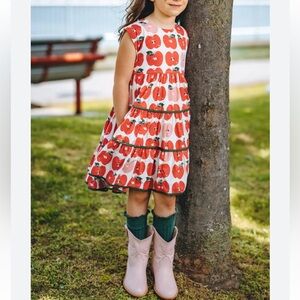 Wore once! Pink Chicken Red Apple Stamp Dress Girls 7Y